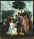 Onbekende kunstenaar 18e/19e eeuw – Olie/doek, gedoubleerd, 65 x 62 cm, "Abigail voor David"