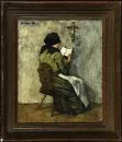 Onbekende 20e-eeuwse kunstenaar – Olie/multiplex, 45,5 x 36,5 cm, "Lezende vrouw naast een crucifix", onleesbare sign. linksboven, schets verso