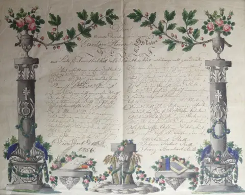 Dermsdorf. – Dankesurkunde "Dem treuverdienten würdigen Cantor Herrn Oskar Geiss..", Dermsdorf 1853