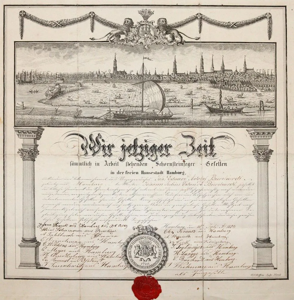 Gesellenbrief – pour le compagnon ramoneur Johann Eduard Adolph Burchardt de Hambourg, délivré à Hambourg