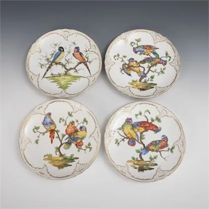 4 borden met vogelschildering. KPM Berlin