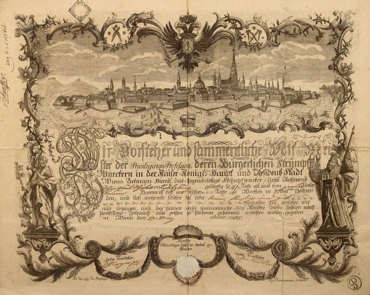 Lettre de compagnon – pour le compagnon bonnetier Johann Paul Schäfer de Radolzburg (?), délivrée à Vienne, 13