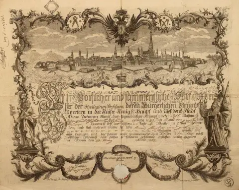 Journeyman's certificate – for the stocking-weaver journeyman Johann Paul Schäfer from Radolzburg (?), issued in Vienna, 13