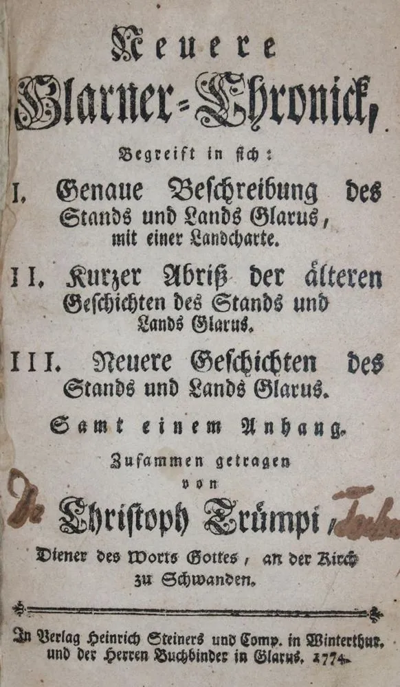 Trümpi,C. – Neuere Glarner=Chronick, Begreift in sich: I