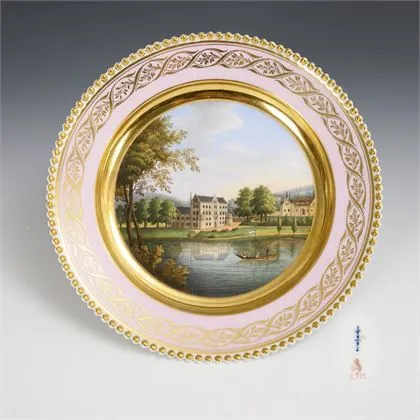 Biedermeier gezichtsbord "Reinhardsbrunn bij Gotha". KPM Berlin