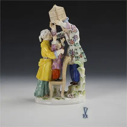 Groupe japonais avec cage à oiseaux. Meissen