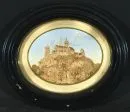 Diorama, 19e s. – relief en liège sur fond aquarellé, 10 x 13 cm, "vue de château probablement sur le Rhin", cadre vitré