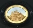Diorama, 19e s. – relief en liège sur fond aquarellé, 10 x 13 cm, "vue de château probablement sur le Rhin", cadre vitré