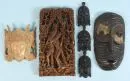 Relief carvings, 4 pieces – various woods, H= 20-42 cm, 3 masks and relief of a young couple, Africa/Indonesia, decorative objects
