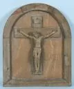 Christ corpus – Ceramic, on wooden panel with cross relief, total 55 x 45 cm;