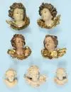 Têtes d'anges, 7 pièces – bois, 4 polychromes, H= 9,5-15 cm