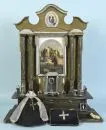 House altar – wood/cardboard, polychrome, stepped base, central colour print, 2 columns each side, curved cornice, 62 x 50 x 21…