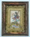 Klosterarbeit, 20. Jh. – mittig Aquarell "S. Michael", umgeben von reichen Golddrahtarbeiten mit Glassteinen und Perlen, im verglasten…
