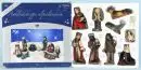 Figurines de crèche, 10 pièces – matière synthétique, surtout avec vêtements en tissu, H= 3-16,5 cm, Sainte Famille, Rois Mages, bœuf et âne, emballage d'origine