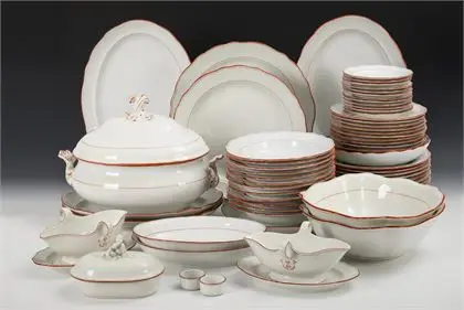 Extensive coral rim dinner service. Meissen
