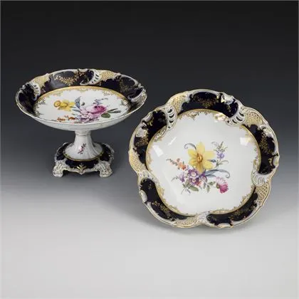 Tafelaufsatz und Schale mit Blumenmalerei. Nymphenburg