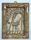 Reliquary frame, 18th c. – central collage "Mother of God", surrounded by gold wire work and 8 relics, in glazed frame, 20.5 x 16.5 cm