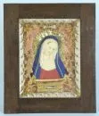 Reliquary frame, circa 1900 – central colored Madonna relief in wax, surrounded by Krüll technique work, 34 relics, in a glazed frame, 29…