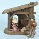Crèche de Noël – bois teinté brun, 20 x 21 x 11 cm, avec Sainte Famille en résine avec vêtements en tissu, H= 2,5-13 cm