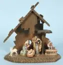 Crèche de Noël – bois teinté brun, 21 x 21 x 11 cm, avec 5 figurines en bois, H= 2,5-7 cm