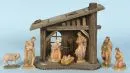 Christmas nativity scene – wood, brown stained, 21 x 23 x 12 cm, with 7 painted wooden figures, H= 2.5-10.5 cm