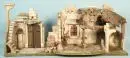 Crèche de Noël – bois/masse à spatuler, peinte, forme de bâtiment en ruine avec appentis, 54 x 125 x 38 cm, moderne, sans figures