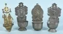 Holy water fonts, 4 pieces – 3x pewter, 1x brass, plaques with relief saint motifs, H= 17.5-18.5 cm, 19th c., 1 with glass insert
