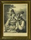 Picture frame – wood/compound appliqués, gold-coloured, relief decorations, rebate 43 x 33 cm, overall 49 x 39 cm, with lithograph