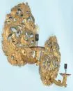 Pair of wall lamps – wood, gilded, richly carved and openwork acanthus leaf decoration, each with curved arm and 1 socket, approx…