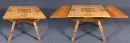 Farmhouse table – various woods, 4 flared legs with cross brace, 1 drawer, extendable top with inlaid decor