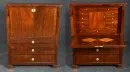 Drop-front secretary – mahogany, plinth feet, 3 drawers below, 1 door surrounded by 13 drawers inside, 128 x 102 x 45 cm