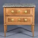 Commode – mahogany, inlaid decoration, 4 tall tapered legs, 2 drawers, grey profiled marble top, 81 x 81 x 49 cm, 19th c.