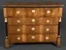 Commode – noyer, partiellement ébonisé, pieds de socle, 4 tiroirs, demi-colonnes latérales en forme de cariatides, 100 x 130 x 65 cm, 19e s.
