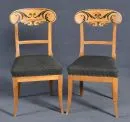 Shovel chairs, 2 pieces – Cherry, 4 tapered legs, back with ebonized ornaments, upholstered seat, H= 92 cm, Biedermeier, 19th c.