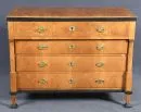Writing commode – ash, partly ebonized, 4 tapered feet, 4 drawers, top one opens as writing surface, half-columns on sides, 92 x 120 x 59 cm, Biedermeier, 19th, minor veneer damage