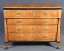 Commode à écrire – frêne, partiellement ébonisé, 4 pieds coniques, 4 tiroirs, le supérieur s'ouvre en plan d'écriture, demi-colonnes latérales, 92 x 120 x 59 cm, Biedermeier, 19e, légers dommages au placage