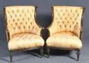 Armchairs, 2 pieces – walnut, turned front legs, seat and back with leather upholstery in Chesterfield style, H= 96 cm