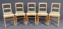 Chaises, 5 pièces – merisier, 4 hauts pieds coniques, assises rembourrées, dossiers avec croisillons, H= 88 cm, 19e s.,…