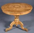 Table – Walnut, inlaid decoration, 3 curved legs on turned central column, round top with richly inlaid star decoration, …