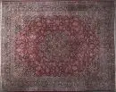 Tapis Kork-Keschan, Perse, 325 x 406 cm – ancien, laine, tissage très fin, fond rouge, médaillon multicolore, entouré de motifs floraux, bordure principale bleu foncé