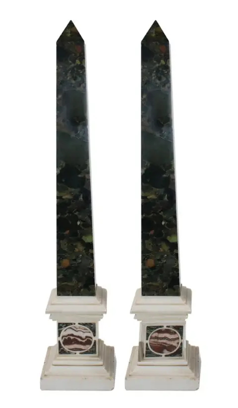 Obelisks, pair – of green speckled breccia marble