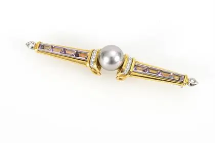 Stabbrosche mit Amethysten, Brillanten und dunkler Perle