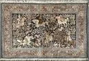 Silk Ghoum hunting rug, Kashmir, 94 x 145 cm – very fine weave, dark blue ground, large hunting motif, red-ground main border