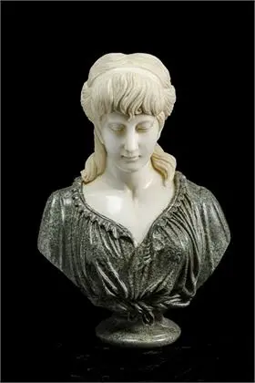 BELLOC, Jean-Baptiste (1863 Pamiers - 1919 Paris). Grote tweekleurige marmeren buste van een jonge vrouw