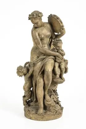 PAJOU. Tamboerijnspeelster met faun en putto