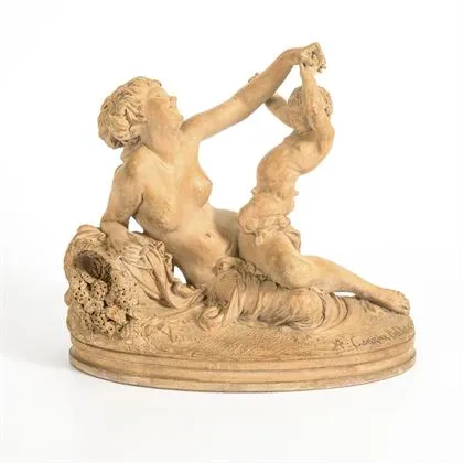 CARRIER-BELLEUSE, A. Terracotta groep: Bacchante met faunenjongen