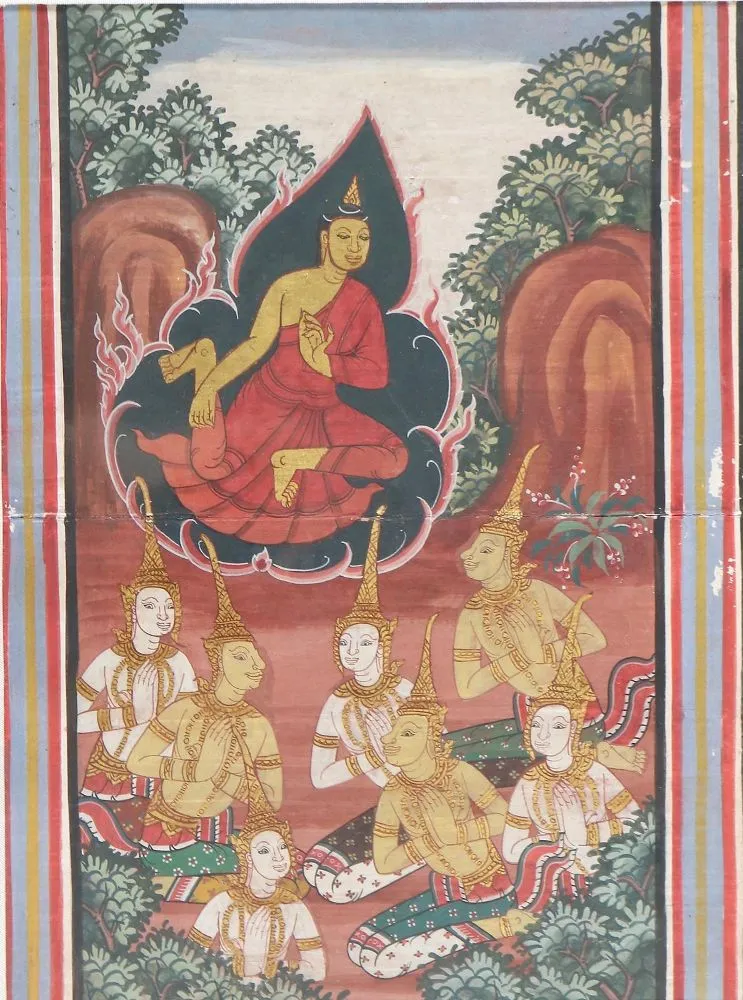 Thai painting – Red-clad deity with golden skin, surrounded by green triangular flame, worshipped by 7 kneeling persons