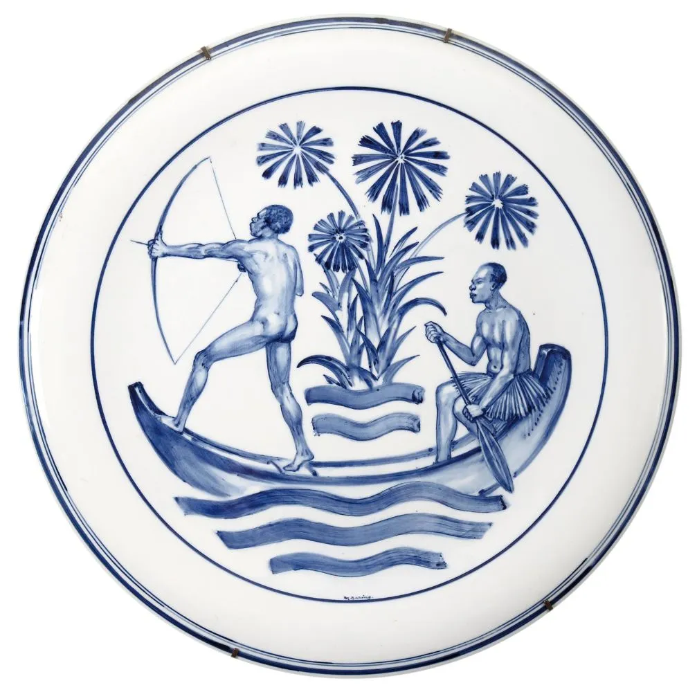 Meissen large display plate with Africans on canoe