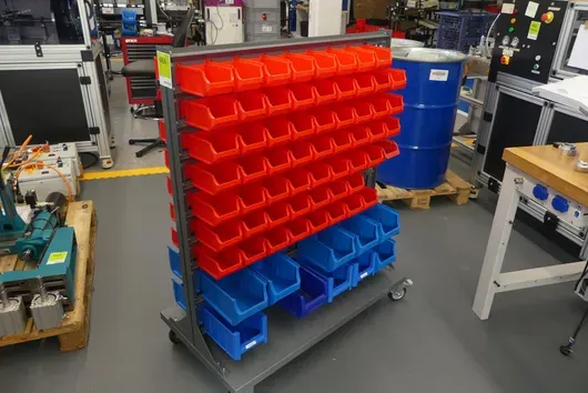 Open-front storage bin rack, mobile