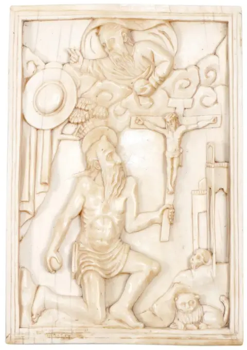Panneau mural en ivoire – représentant saint Jérôme en ascète dans le désert, entouré de ses attributs iconographiques traditionnels